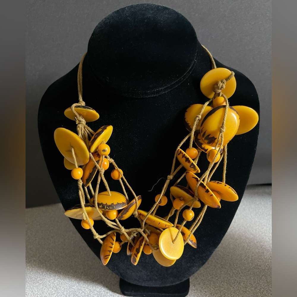 Vintage Yellow Dyed Tagua Nut Multi Strand Necklace